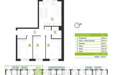 Rzut - Mieszkanie na sprzedaż 4 pokoje o powierzchni 76,06 m² - numer 1K1 M10 w Osiedle Krzeptów przy lesie