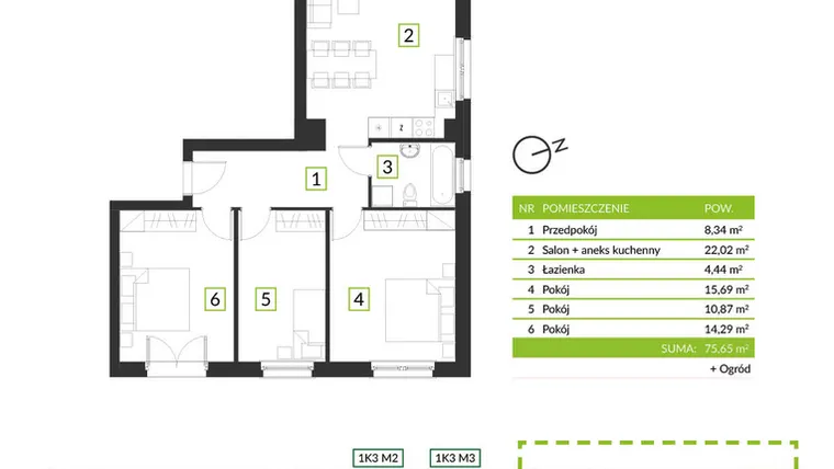Rzut - Mieszkanie na sprzedaż 4 pokoje o powierzchni 75,65 m² - numer 1K4 M2 w Osiedle Krzeptów przy lesie