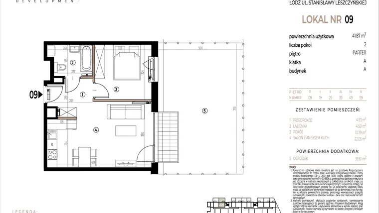 Rzut - Mieszkanie na sprzedaż 2 pokoje o powierzchni 41,87 m² - numer A009 w Ustronna
