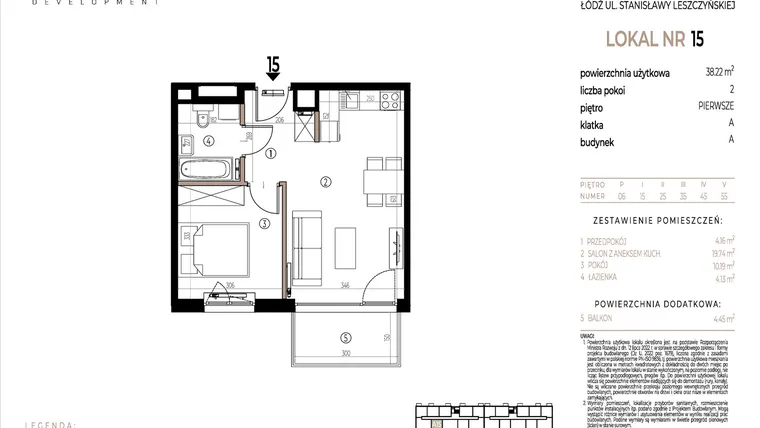 Rzut - Mieszkanie na sprzedaż 2 pokoje o powierzchni 38,22 m² - numer A015 w Ustronna