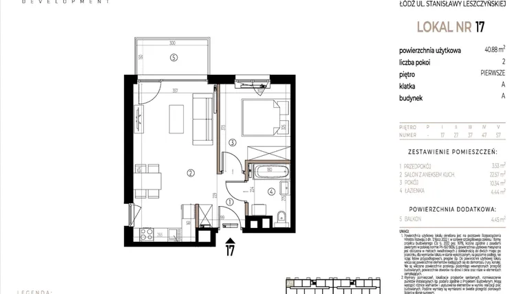 Rzut - Mieszkanie na sprzedaż 2 pokoje o powierzchni 40,88 m² - numer A017 w Ustronna