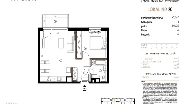 Rzut - Mieszkanie na sprzedaż 2 pokoje o powierzchni 47,21 m² - numer A020 w Ustronna