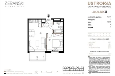 Rzut - Mieszkanie na sprzedaż 2 pokoje o powierzchni 38,22 m² - numer A033 w Ustronna
