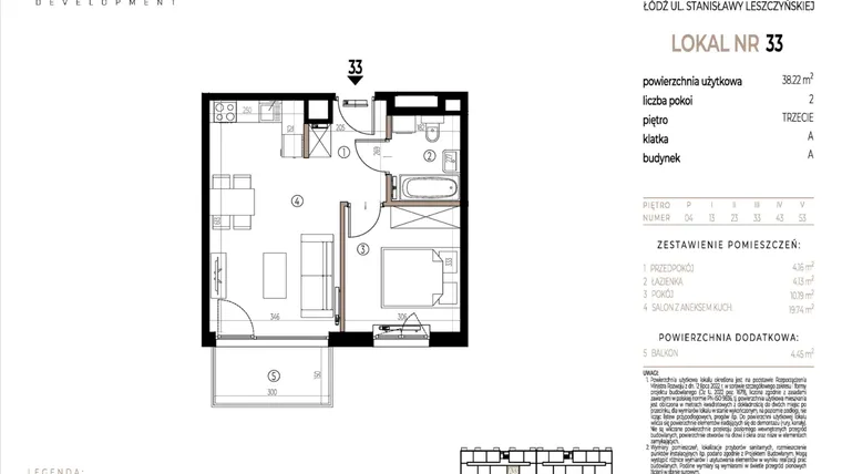 Rzut - Mieszkanie na sprzedaż 2 pokoje o powierzchni 38,22 m² - numer A033 w Ustronna