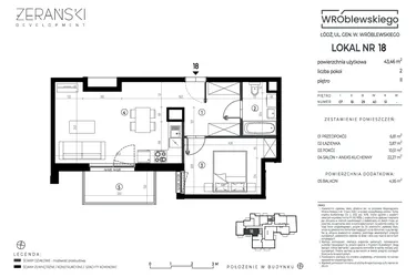 Rzut - Mieszkanie na sprzedaż 2 pokoje o powierzchni 43,46 m² - numer A18 w Wróblewskiego