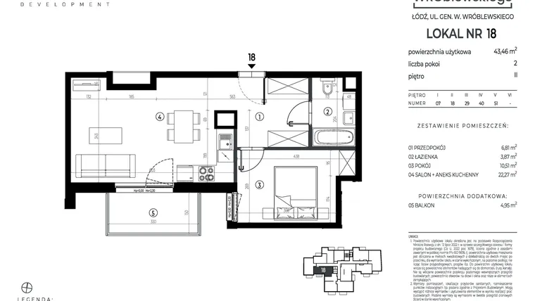 Rzut - Mieszkanie na sprzedaż 2 pokoje o powierzchni 43,46 m² - numer A18 w Wróblewskiego