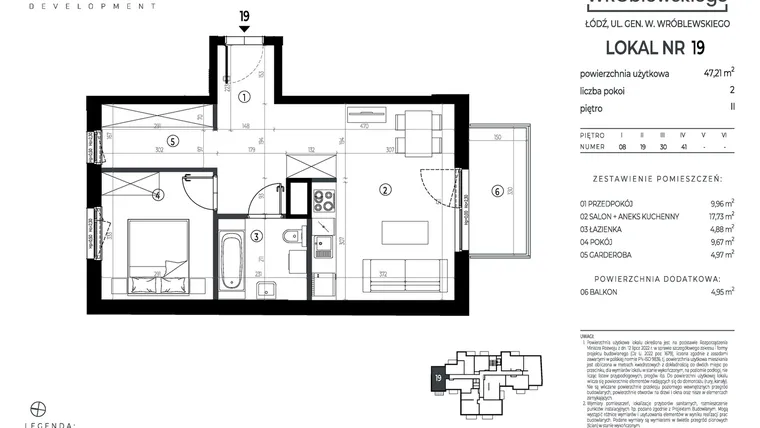 Rzut - Mieszkanie na sprzedaż 2 pokoje o powierzchni 47,21 m² - numer A19 w Wróblewskiego