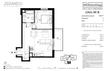 Rzut - Mieszkanie na sprzedaż 2 pokoje o powierzchni 47,89 m² - numer A16 w Wróblewskiego