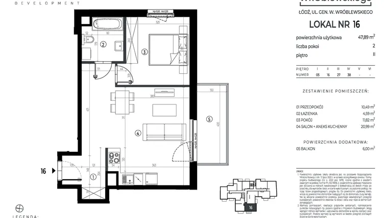 Rzut - Mieszkanie na sprzedaż 2 pokoje o powierzchni 47,89 m² - numer A16 w Wróblewskiego
