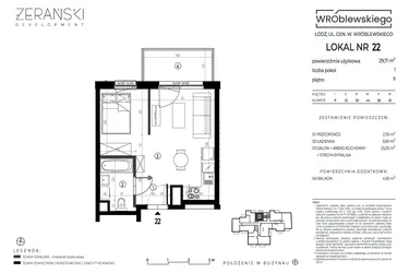 Rzut - Mieszkanie na sprzedaż 1 pokój o powierzchni 29,71 m² - numer A22 w Wróblewskiego