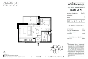 Rzut - Mieszkanie na sprzedaż 1 pokój o powierzchni 28,85 m² - numer A31 w Wróblewskiego