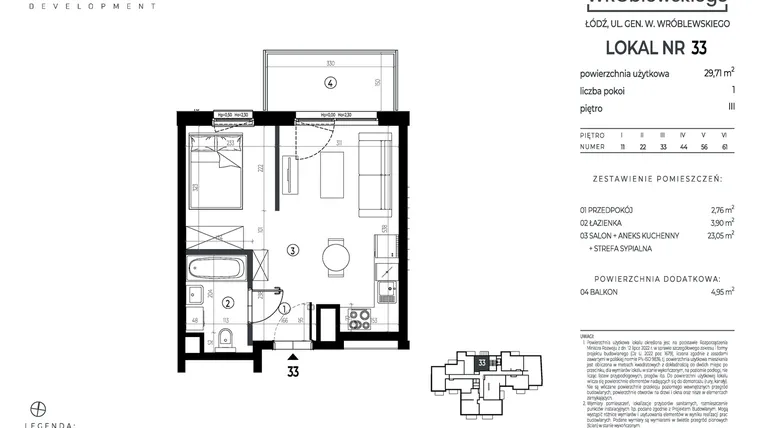 Rzut - Mieszkanie na sprzedaż 1 pokój o powierzchni 29,71 m² - numer A33 w Wróblewskiego
