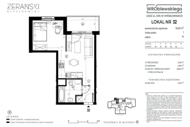 Rzut - Mieszkanie na sprzedaż 1 pokój o powierzchni 34,2 m² - numer A32 w Wróblewskiego
