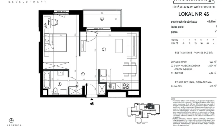 Rzut - Mieszkanie na sprzedaż 1 pokój o powierzchni 49,41 m² - numer A45 w Wróblewskiego