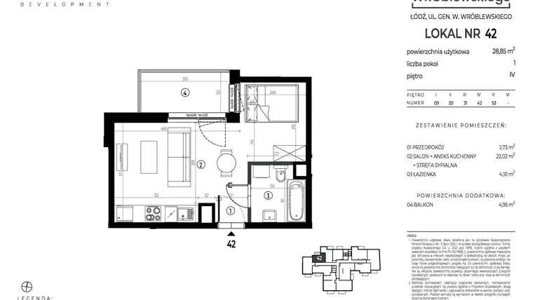 Rzut - Mieszkanie na sprzedaż 1 pokój o powierzchni 28,85 m² - numer A42 w Wróblewskiego