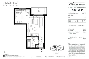 Rzut - Mieszkanie na sprzedaż 1 pokój o powierzchni 34,2 m² - numer A43 w Wróblewskiego