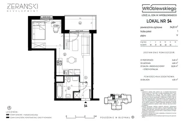 Rzut - Mieszkanie na sprzedaż 1 pokój o powierzchni 34,2 m² - numer A54 w Wróblewskiego