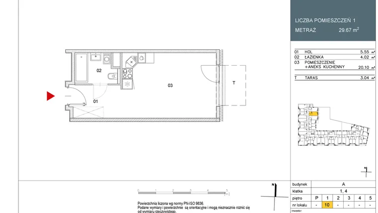 Rzut - Mieszkanie na sprzedaż 1 pokój o powierzchni 29,67 m² - numer L10 w Morwowa 5 - Apartamenty inwestycyjne
