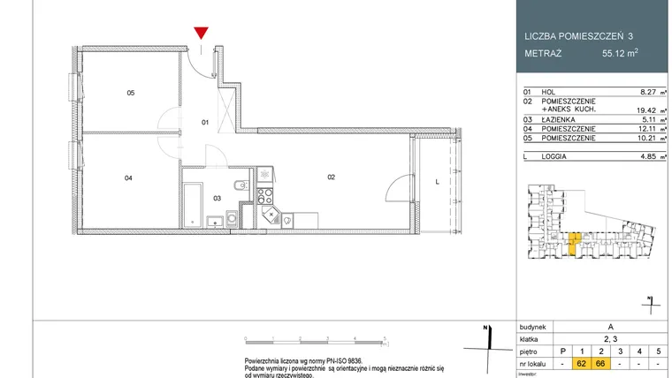 Rzut - Mieszkanie na sprzedaż 3 pokoje o powierzchni 55,12 m² - numer L62 w Morwowa 5 - Apartamenty inwestycyjne