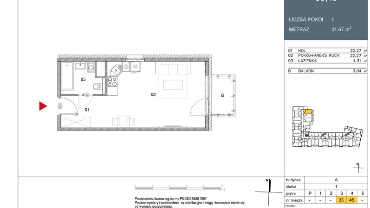 Rzut - Mieszkanie na sprzedaż 1 pokój o powierzchni 31,67 m² - numer 33 w Morwowa 5