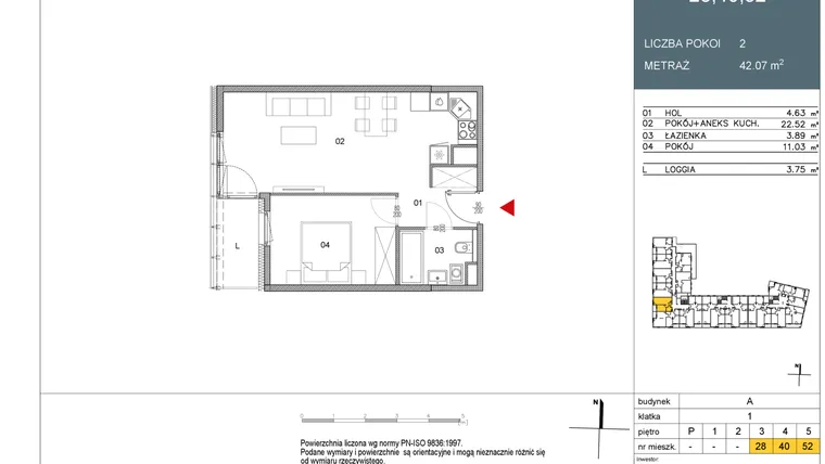 Rzut - Mieszkanie na sprzedaż 2 pokoje o powierzchni 42,07 m² - numer 40 w Morwowa 5