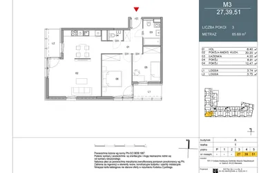 Rzut - Mieszkanie na sprzedaż 3 pokoje o powierzchni 65,69 m² - numer 39 w Morwowa 5