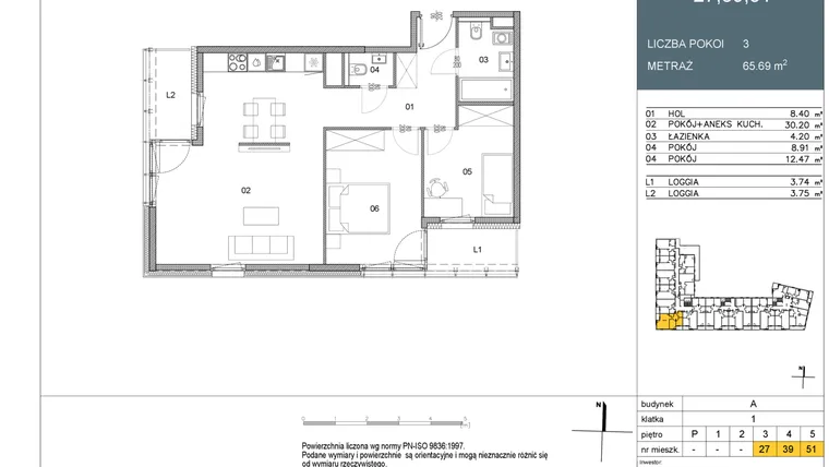Rzut - Mieszkanie na sprzedaż 3 pokoje o powierzchni 65,69 m² - numer 39 w Morwowa 5