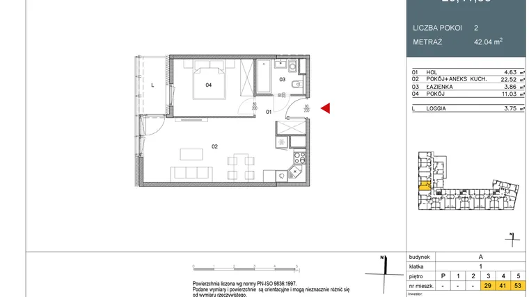 Rzut - Mieszkanie na sprzedaż 2 pokoje o powierzchni 42,04 m² - numer 41 w Morwowa 5