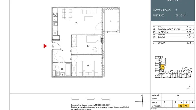Rzut - Mieszkanie na sprzedaż 2 pokoje o powierzchni 55,15 m² - numer 48 w Morwowa 5