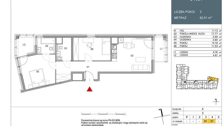 Rzut - Mieszkanie na sprzedaż 3 pokoje o powierzchni 62,51 m² - numer 97 w Morwowa 5