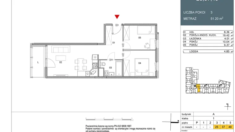 Rzut - Mieszkanie na sprzedaż 2 pokoje o powierzchni 51,2 m² - numer 49 w Morwowa 5