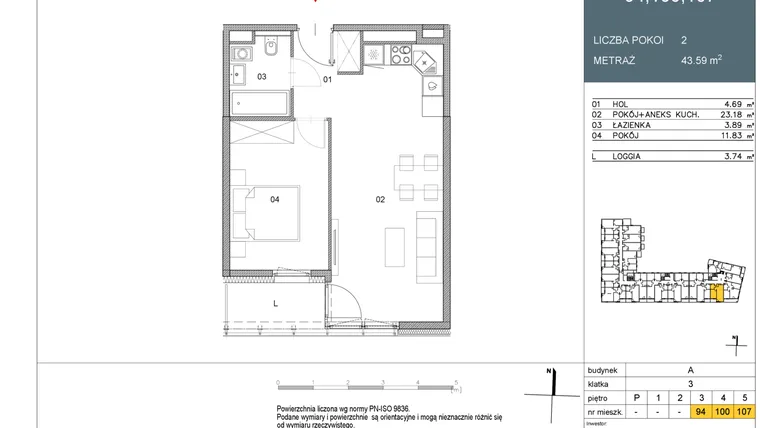 Rzut - Mieszkanie na sprzedaż 2 pokoje o powierzchni 43,59 m² - numer 100 w Morwowa 5