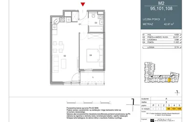 Rzut - Mieszkanie na sprzedaż 2 pokoje o powierzchni 42,97 m² - numer 101 w Morwowa 5
