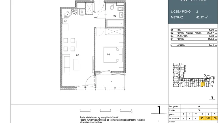 Rzut - Mieszkanie na sprzedaż 2 pokoje o powierzchni 42,97 m² - numer 101 w Morwowa 5