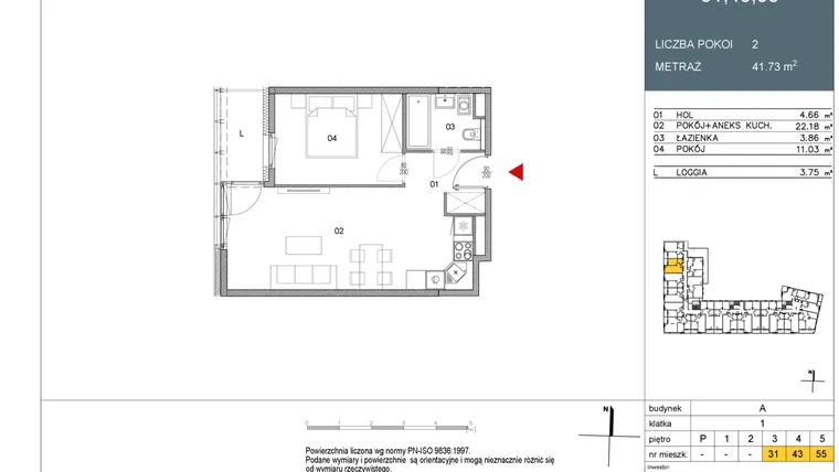 Rzut - Mieszkanie na sprzedaż 2 pokoje o powierzchni 41,73 m² - numer 55 w Morwowa 5