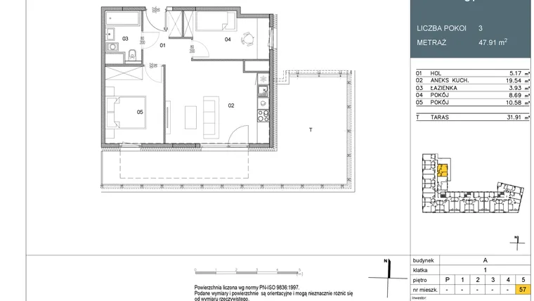 Rzut - Mieszkanie na sprzedaż 2 pokoje o powierzchni 47,91 m² - numer 57 w Morwowa 5