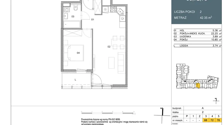 Rzut - Mieszkanie na sprzedaż 2 pokoje o powierzchni 42,34 m² - numer 76 w Morwowa 5