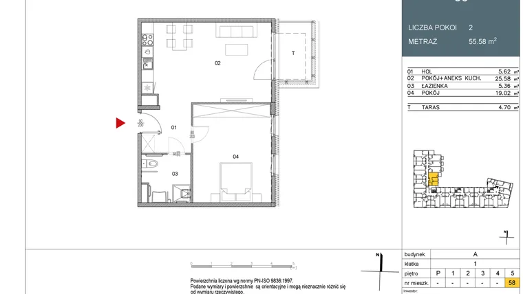 Rzut - Mieszkanie na sprzedaż 2 pokoje o powierzchni 55,58 m² - numer 58 w Morwowa 5