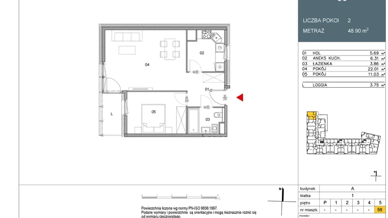 Rzut - Mieszkanie na sprzedaż 2 pokoje o powierzchni 48,9 m² - numer 56 w Morwowa 5