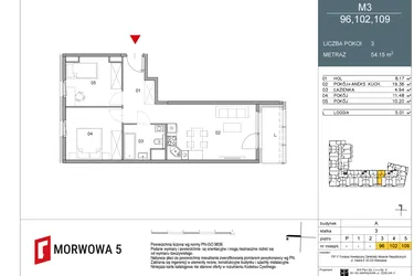 Rzut - Mieszkanie na sprzedaż 2 pokoje o powierzchni 54,15 m² - numer 109 w Morwowa 5