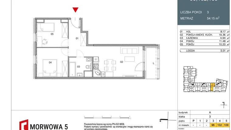 Rzut - Mieszkanie na sprzedaż 2 pokoje o powierzchni 54,15 m² - numer 109 w Morwowa 5