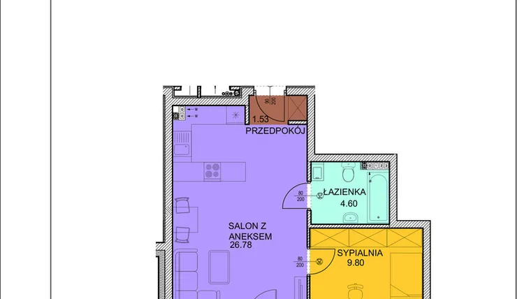 Rzut - Mieszkanie na sprzedaż 2 pokoje o powierzchni 42,71 m² - numer D8 w Osiedle Zuchów