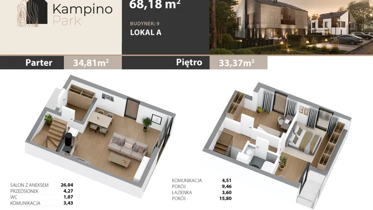 Rzut - Mieszkanie na sprzedaż 3 pokoje o powierzchni 68,18 m² - numer 5A w Kampino Park