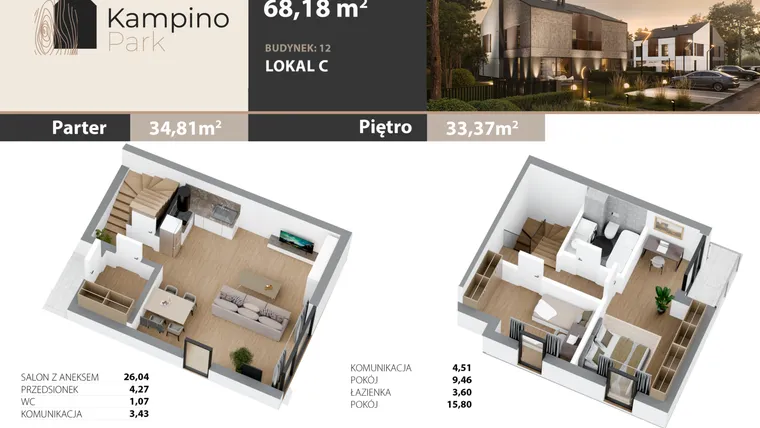 Rzut - Mieszkanie na sprzedaż 3 pokoje o powierzchni 68,18 m² - numer 6C w Kampino Park
