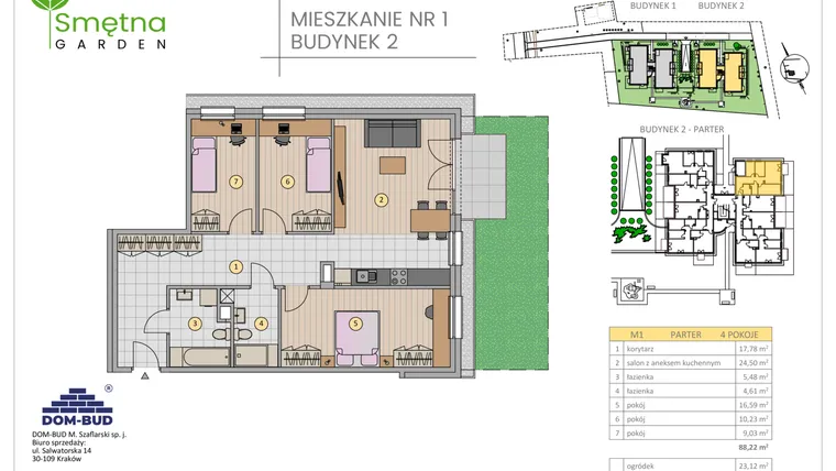 Rzut - Mieszkanie na sprzedaż 4 pokoje o powierzchni 88,22 m² - numer 1 w Smętna Garden