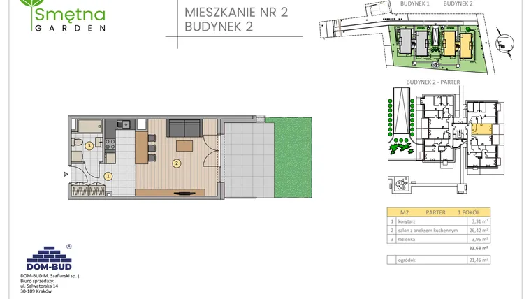 Rzut - Mieszkanie na sprzedaż 1 pokój o powierzchni 33,68 m² - numer 2 w Smętna Garden