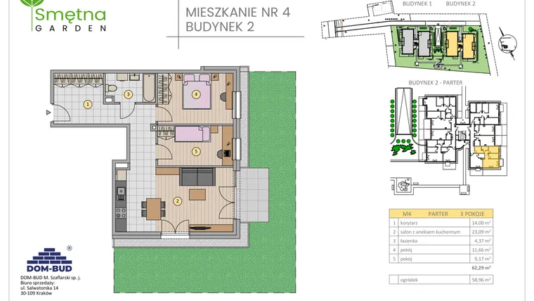 Rzut - Mieszkanie na sprzedaż 3 pokoje o powierzchni 62,29 m² - numer 4 w Smętna Garden