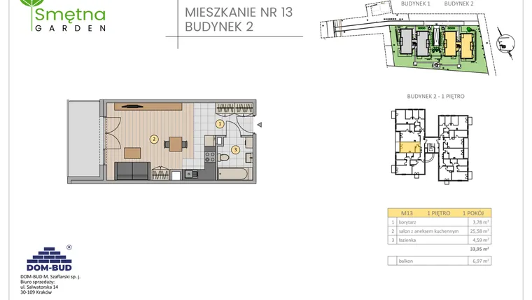 Rzut - Mieszkanie na sprzedaż 1 pokój o powierzchni 33,95 m² - numer 13 w Smętna Garden