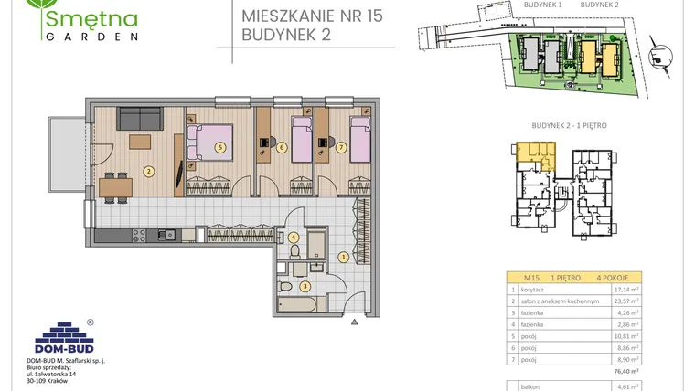 Rzut - Mieszkanie na sprzedaż 4 pokoje o powierzchni 76,4 m² - numer 15 w Smętna Garden