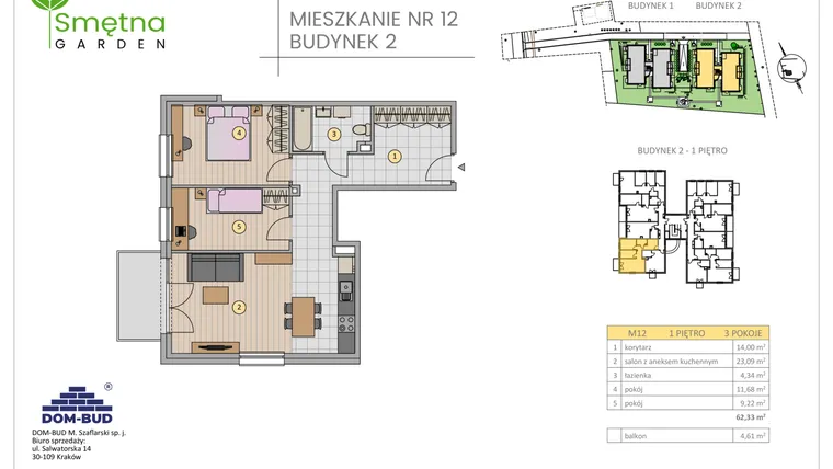 Rzut - Mieszkanie na sprzedaż 3 pokoje o powierzchni 62,33 m² - numer 12 w Smętna Garden